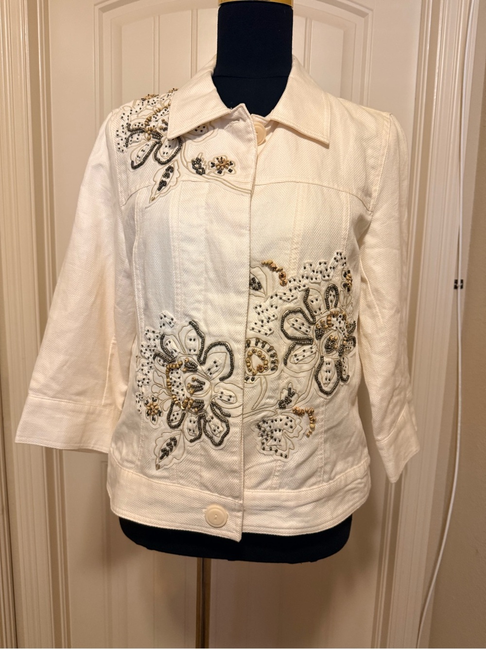Cream Embroidered Beaded Floral Jacket - Women's Lightweight Coat
